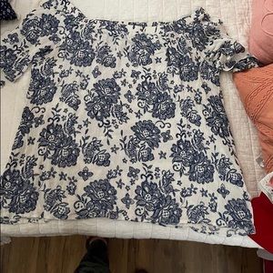 White and blue off the shoulder blouse